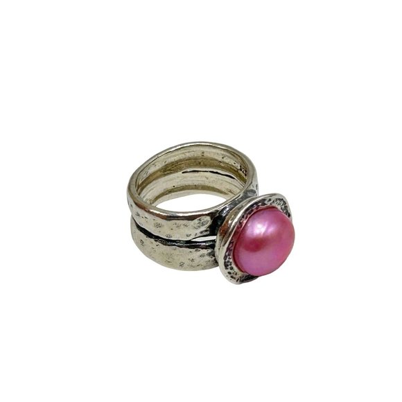 Didae Israel Sterling Silver Dyed Pink Pearl Ring Size 5 925 Hammered Design - Picture 6 of 9
